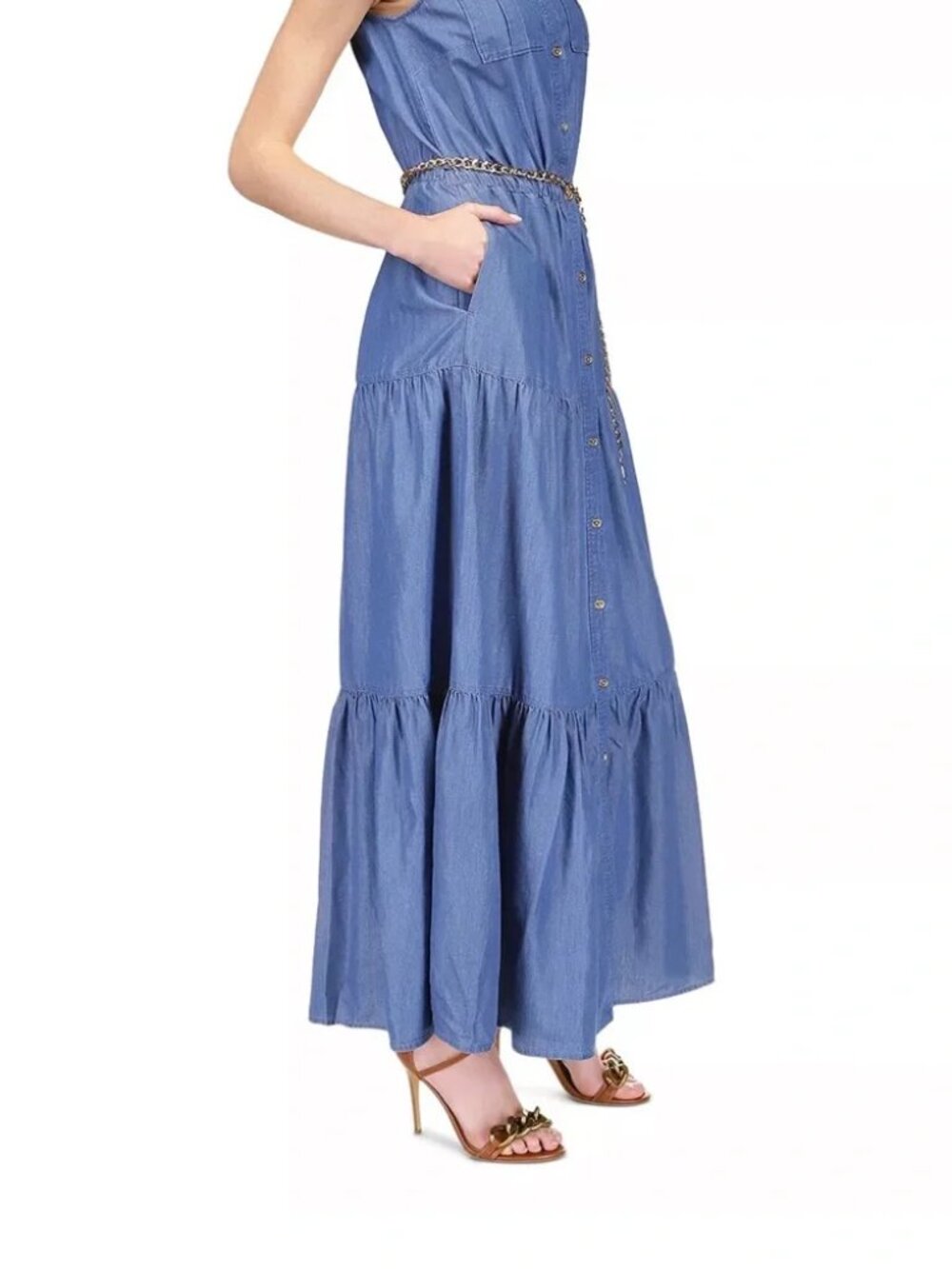 MICHAEL Michael Kors Sleeveless Tiered Chambray Maxi Dress in Blue XL - Picture 4 of 9